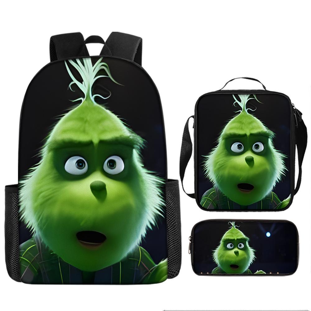 Green Hair Monster Grinch School Bag Campus 12345th and 6th Grade Backpack Lightweight Weight Loss Computer Bag Three-piece Set