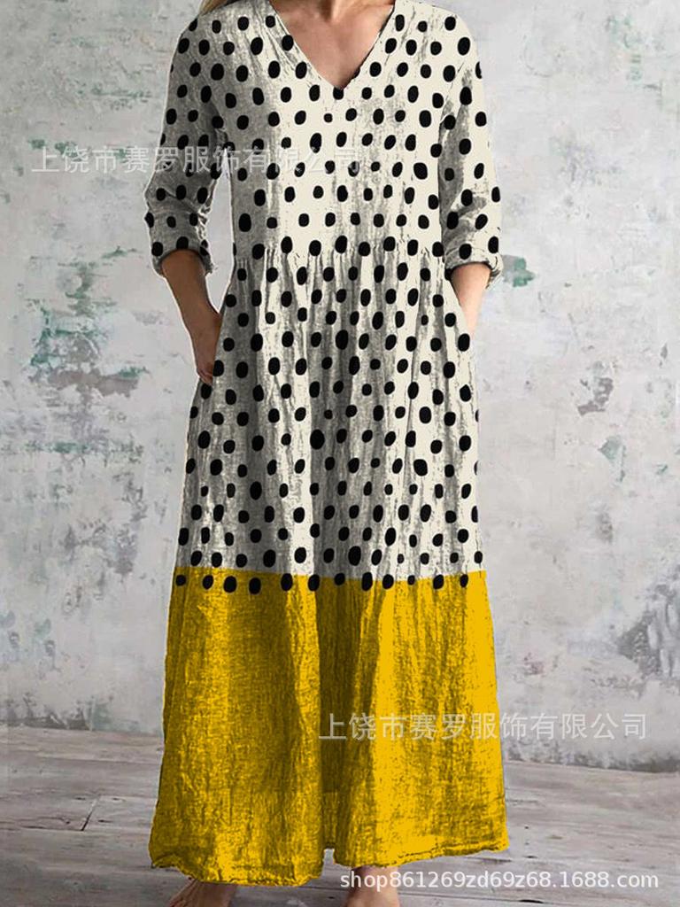 Damen Langarm V-Ausschnitt Maxi Kleid mit Streifenmuster, Knöchellanges Fließendes Kleid, Lässig Elegantes Kleid