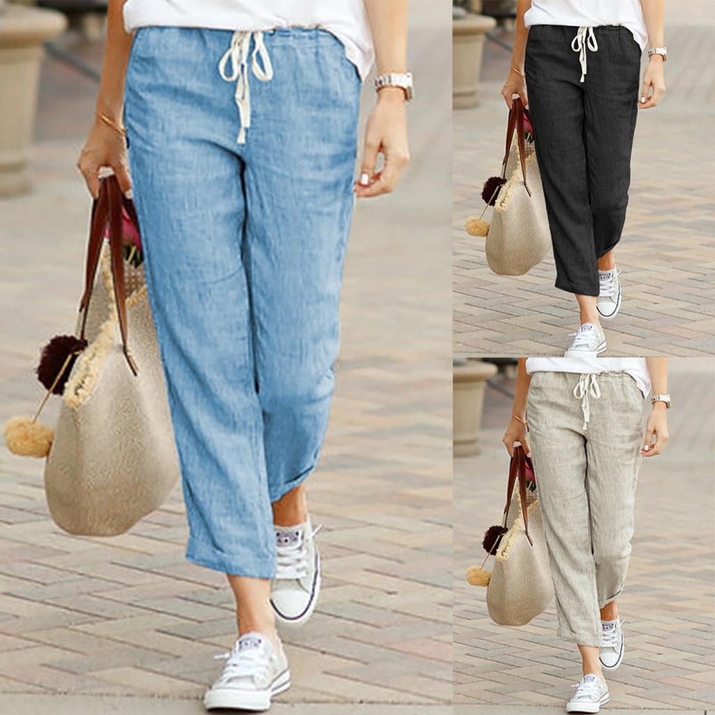 Women's Hemp Pants Mid-rise Cropped Europe and America Summer New Leisure Solid Color Straight Trousers