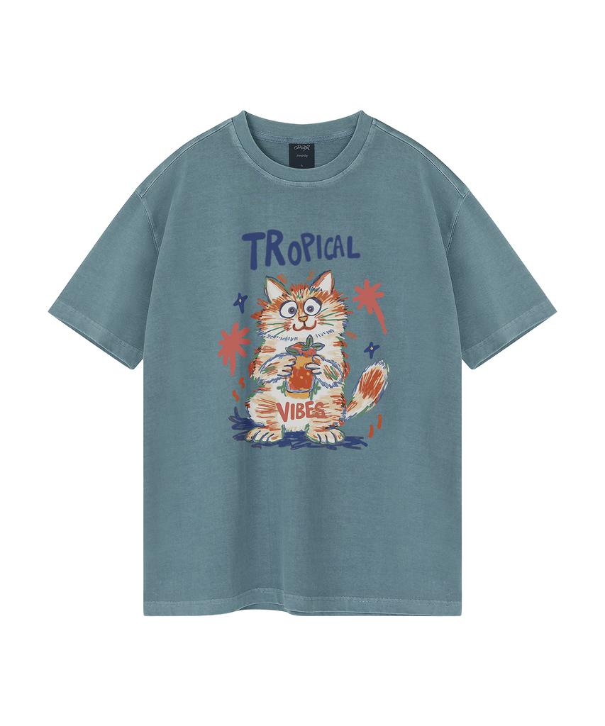 WILDROCK Hollysheesh Tropical Cat Pigment Oversized Short Sleeve T-Shirt_6 Colors (Cropped) (Type A)