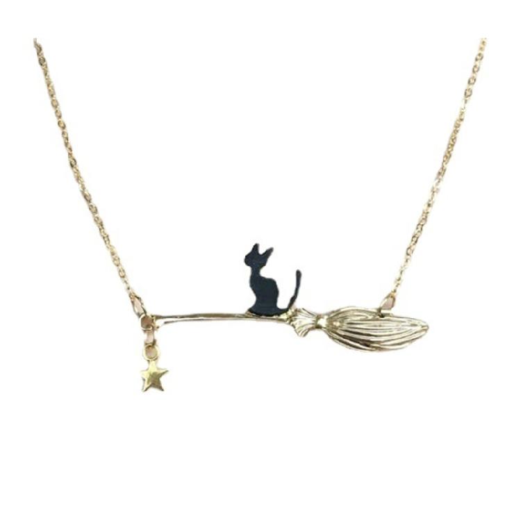 

Black Cats and Broomstick Necklace Fashionable Halloween Clavicle Chain Sophisticated Party Accessory for Trendsetters