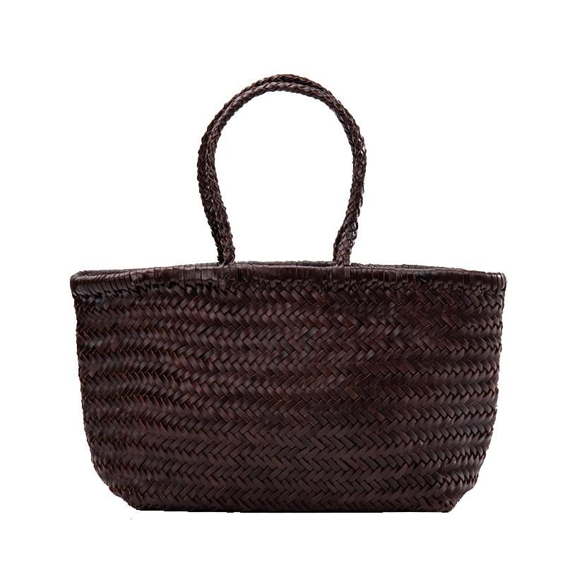 Womens Genuine Leather Woven Tote Bag Handmade French Basket Style Soft Cowhide Shoulder Vintage Design