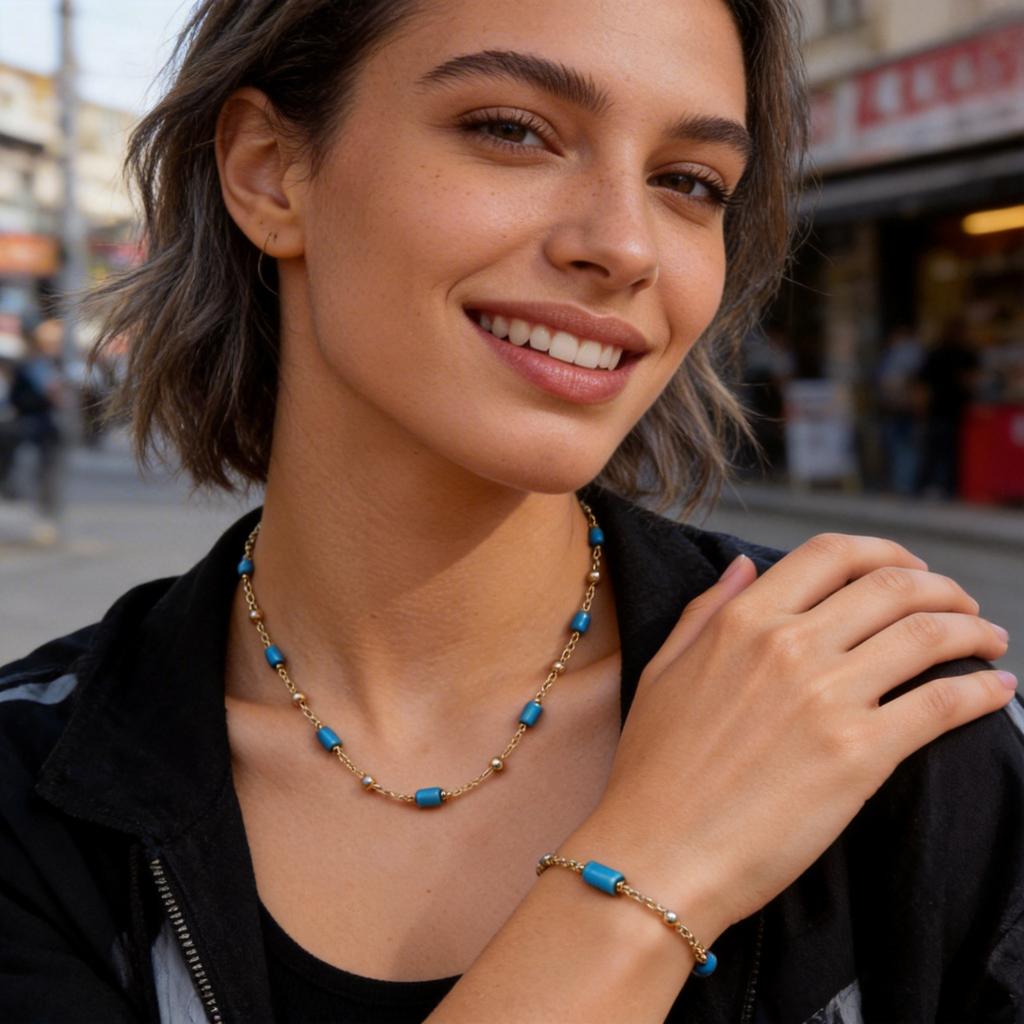 Hip Pop Turquoise Spacer Bead Necklace for Women Gold-Plated Beaded Chain Necklaces Fashion Choker Jewelry Gift