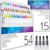 Chromatek 54 Watercolor Pens and Authentic Brush 4 Blending Easy To 50 Unique Professional Art 15-Page Pad. Pens. Brushes. Blend. Vibrant. Smooth.