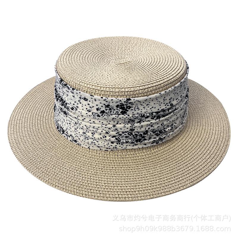 French elegant flat-brimmed straw hat women's spring summer outing beach hat versatile face small sun hat