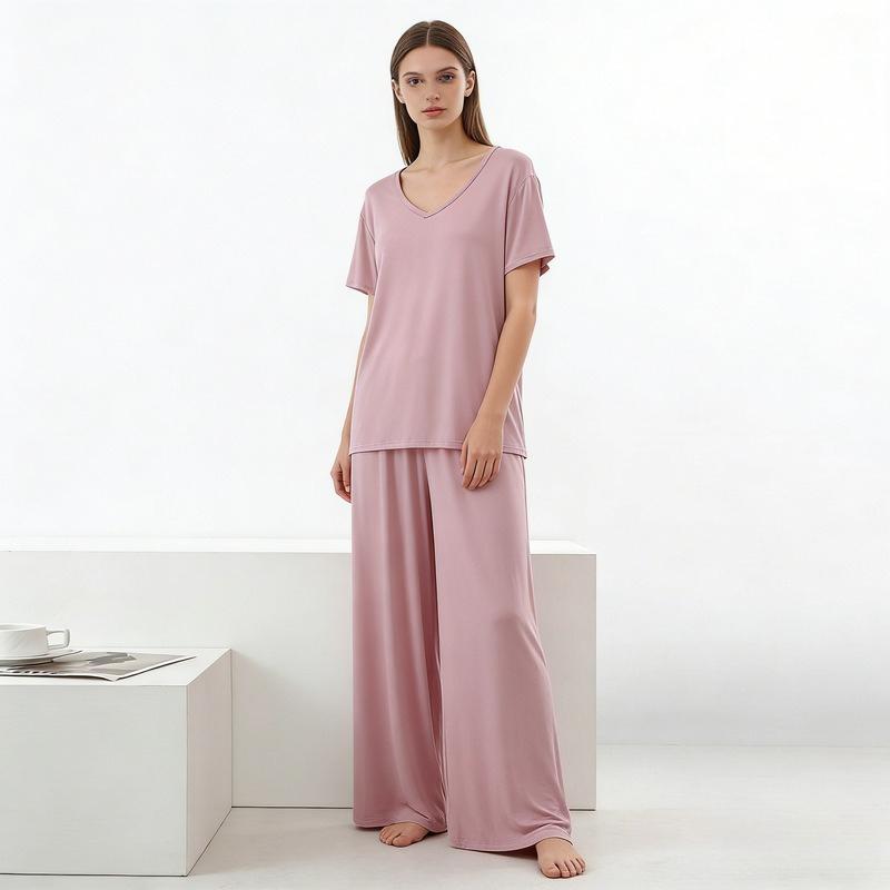 Modal Homewear 2pcs Pajamas Set Short Sleeve Tops and Trousers Solid Color Casual Loose Sleepwear Suit Plus Size Nightwear