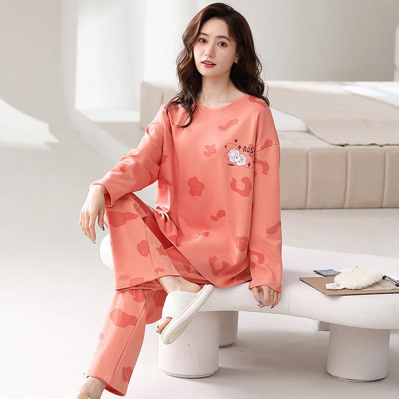 Pajamas Women'S Spring And Autumn Pure Cotton Long-Sleeved Autumn Loose Large-Size Loungewear Cotton Outerwear Set