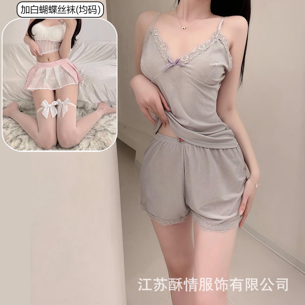 Pajamas summer Korean version simple casual cute suspender two-piece set casual comfortable shorts sexy