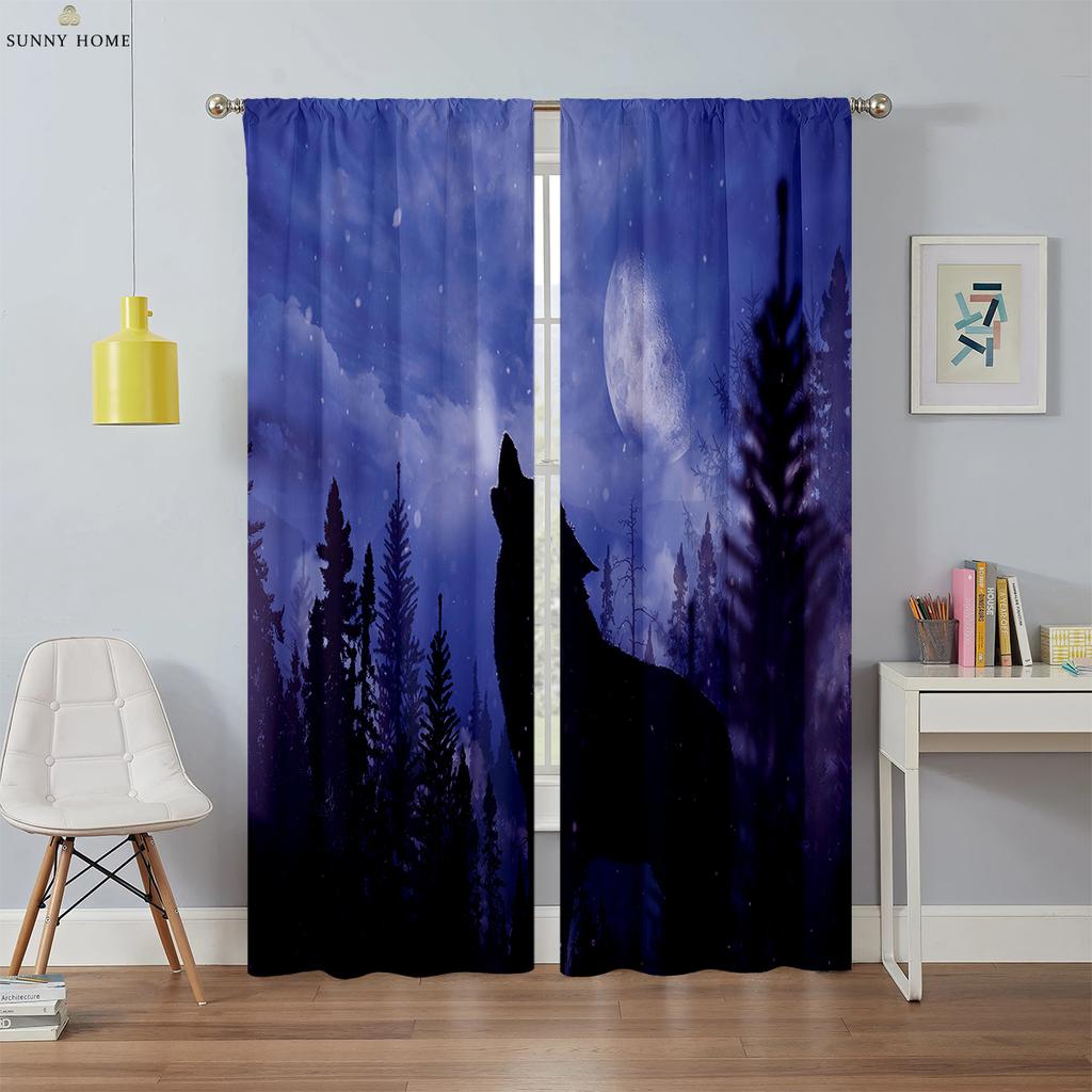 Wolf Under The Stars Animal Print Curtains Bedroom Living Room Balcony Outdoor Decoration Curtains Home Decoration 2 Pieces