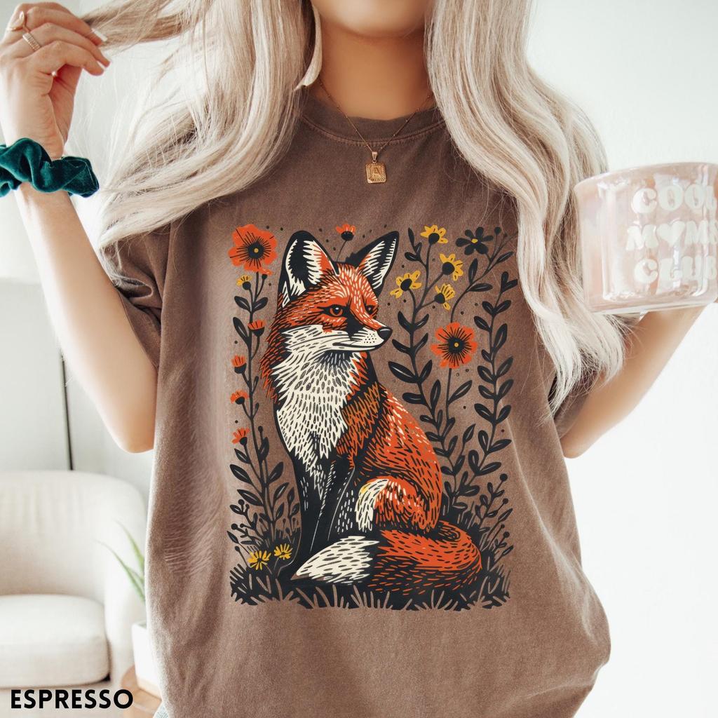 Tričko s liškou, Vintage tričko s liškou, Retro tričko s přírodním motivem, Grafické tričko, Trendy dámské tričko, Tričko se zvířaty pro milovníky přírody, Dárek s liškou