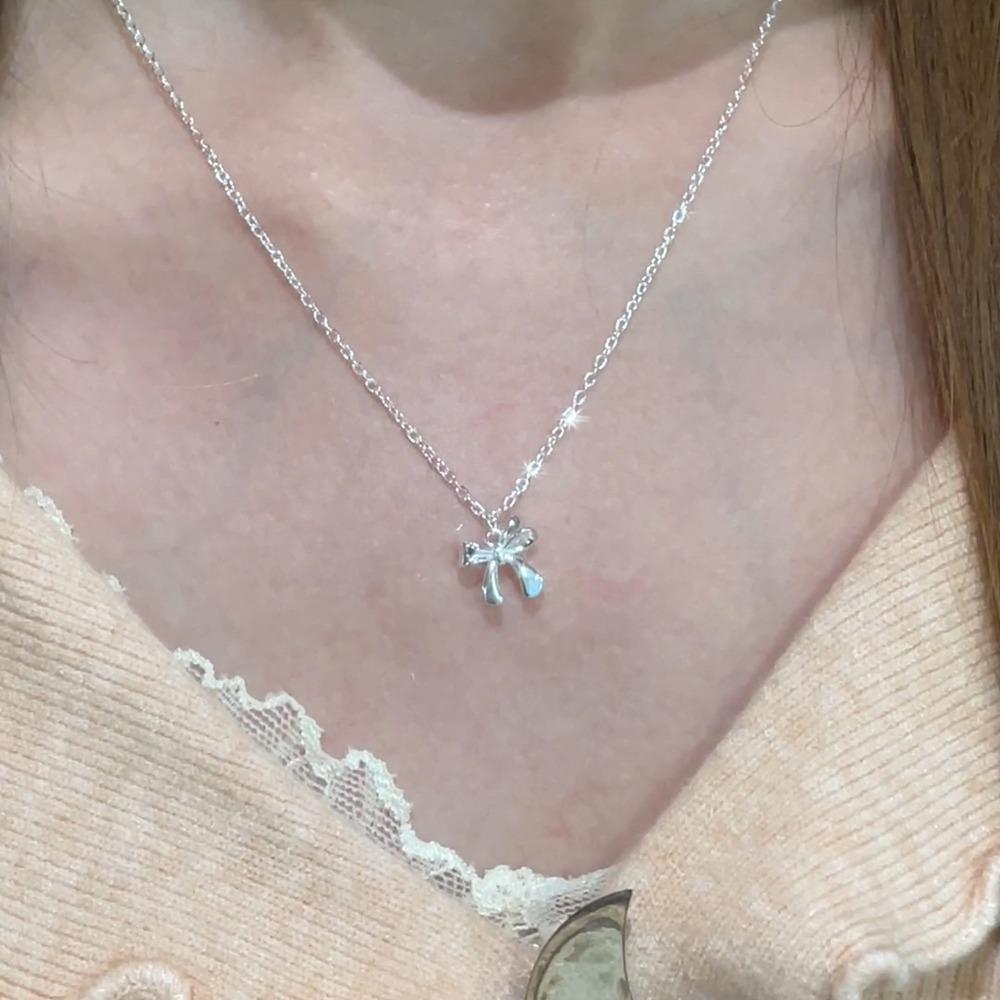 Korean Simple Sterling Silver Bowknot Pendant Necklace for Women Sweet Collar Chain Valentine's Day Gift Jewelry Accessories