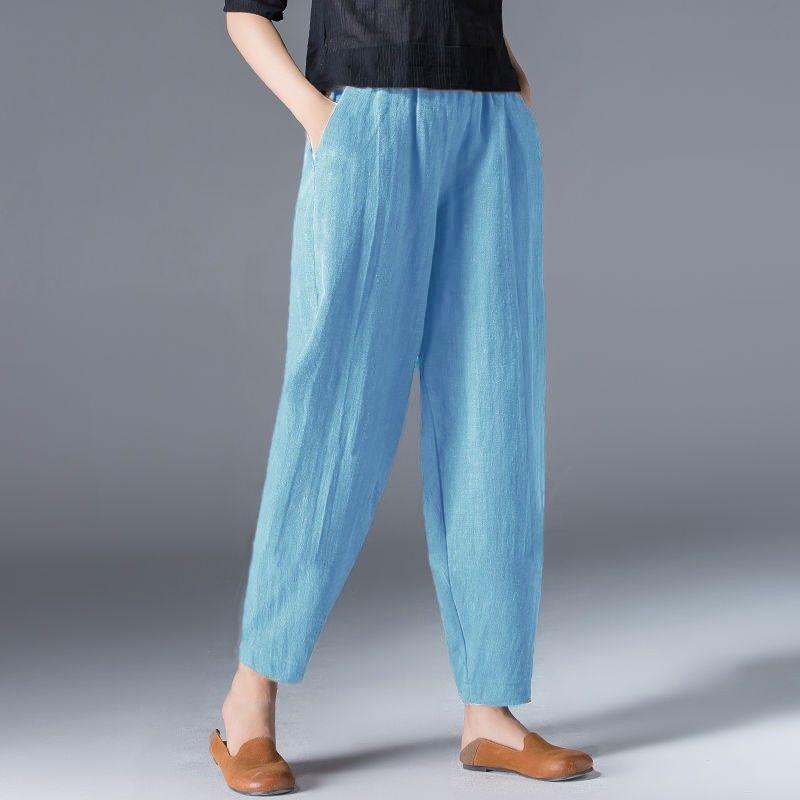 Women's Pure Cotton Elastic Waisted Cropped Pants Harun Pants Summer Loose Thin Wide Leg Pants Casual Pants
