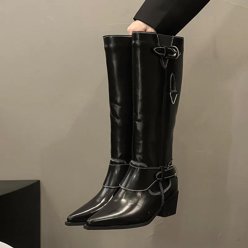 Women Chelsea Long Boots Pointed Toe Buckle Luxury High Heels 2024 Shoes Autumn New Trend Gladiator Women Knee High Botas Pumps