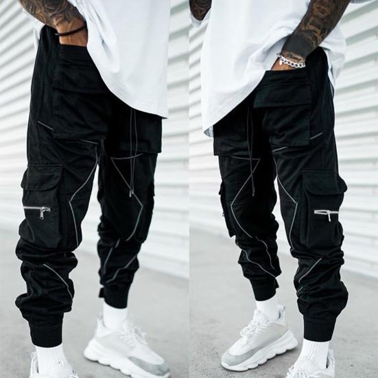 Men Cargo Pants Ankle-banded Reflective Patchwork Multi Pockets Loose Casual Straight Leg