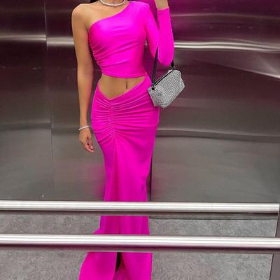 Women's New Sexy Slanted Shoulder Single-sleeved Pleated Waist-exposed Slit Mid-length Women's Dress