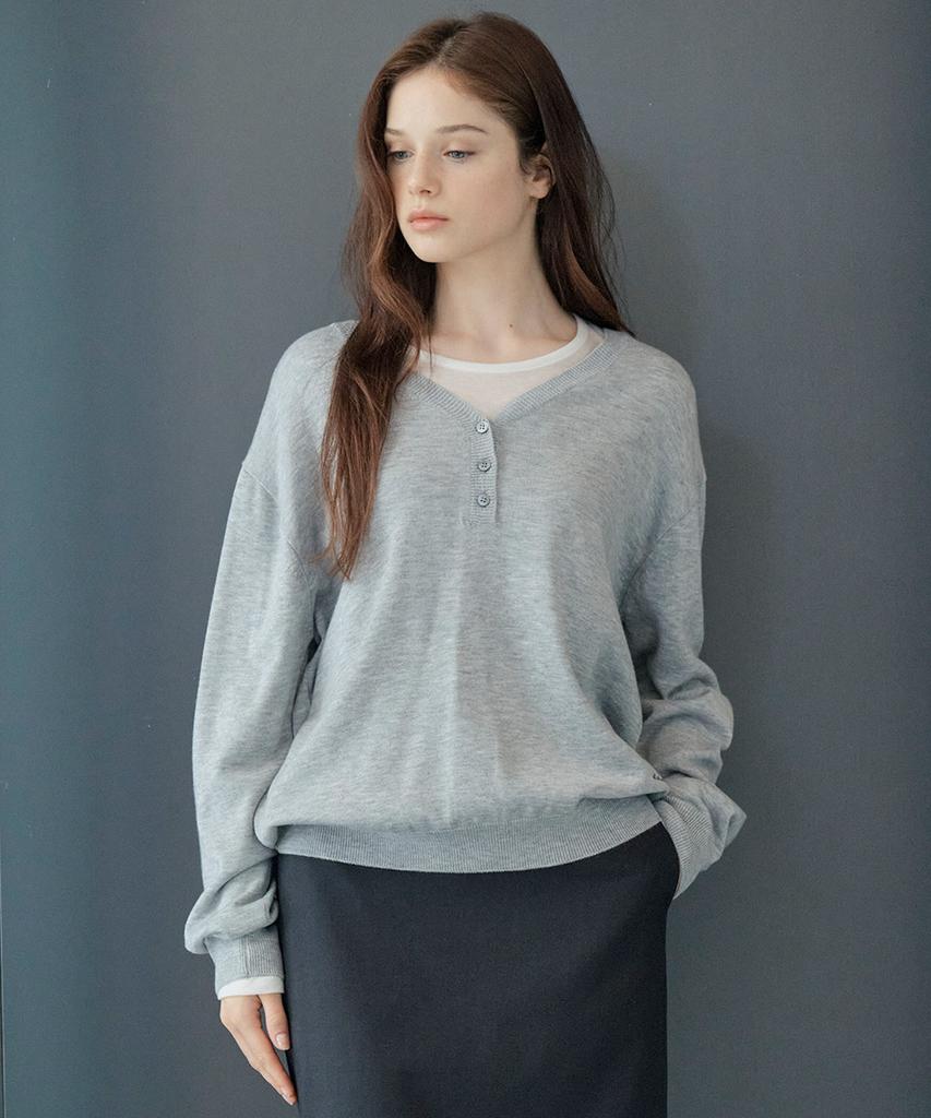 AAU V-Neck Button Knit_Melange Gray