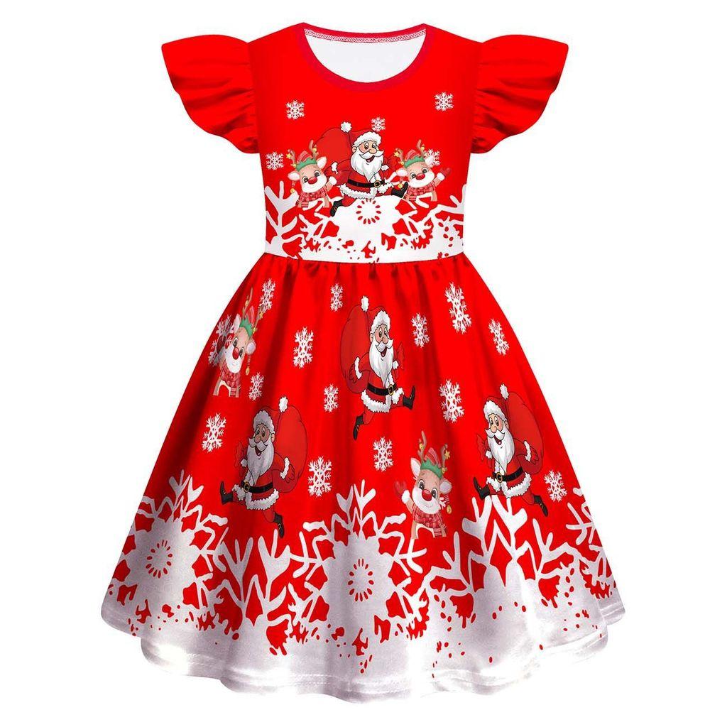 Kids Girls Cartoon Santa Claus Christmas Tree Elk Print Ruffle Sleevess New Year Dress