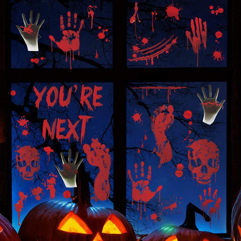 Halloween Blood Handprint Skull Wall Sticker PVC Bedroom Background Decoration Horror Self-adhesive Wall Sticker