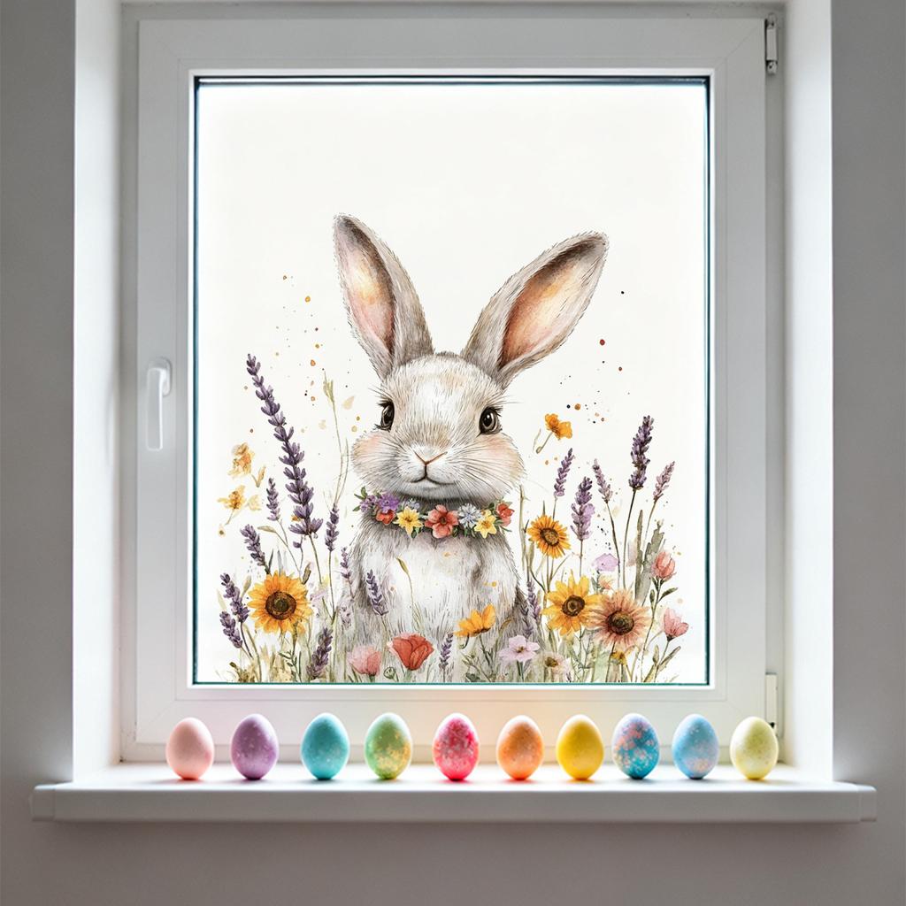 Easter Window Stickers, Creative Cute Floral Bunny Eggs Decor, Static Cling Glass Decals for Bedroom Living Room Holiday Decoration