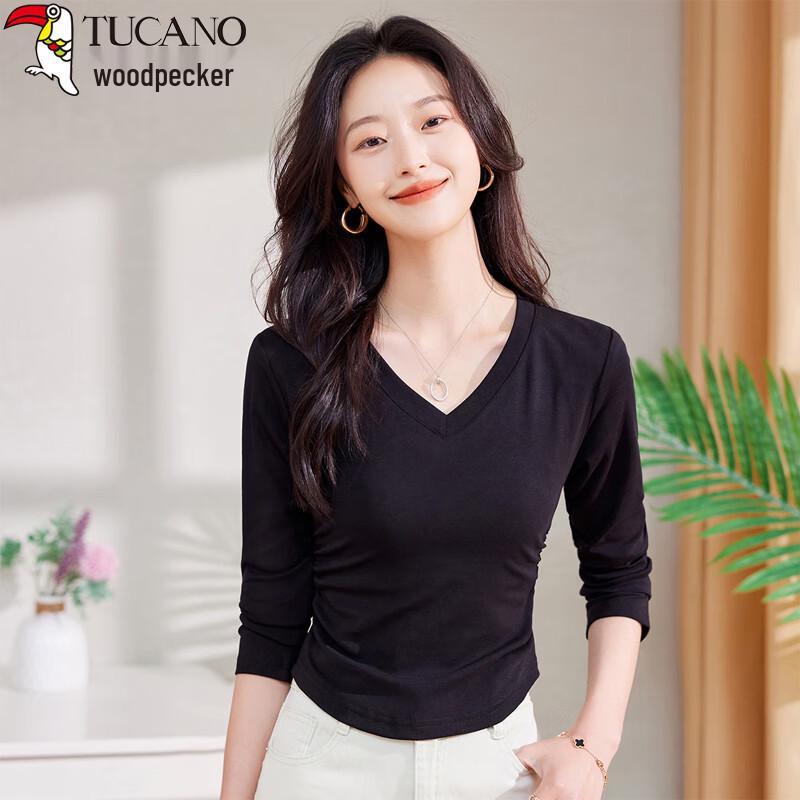 Women s Ribbed V-Neck Long Sleeve Ruched T-Shirt L