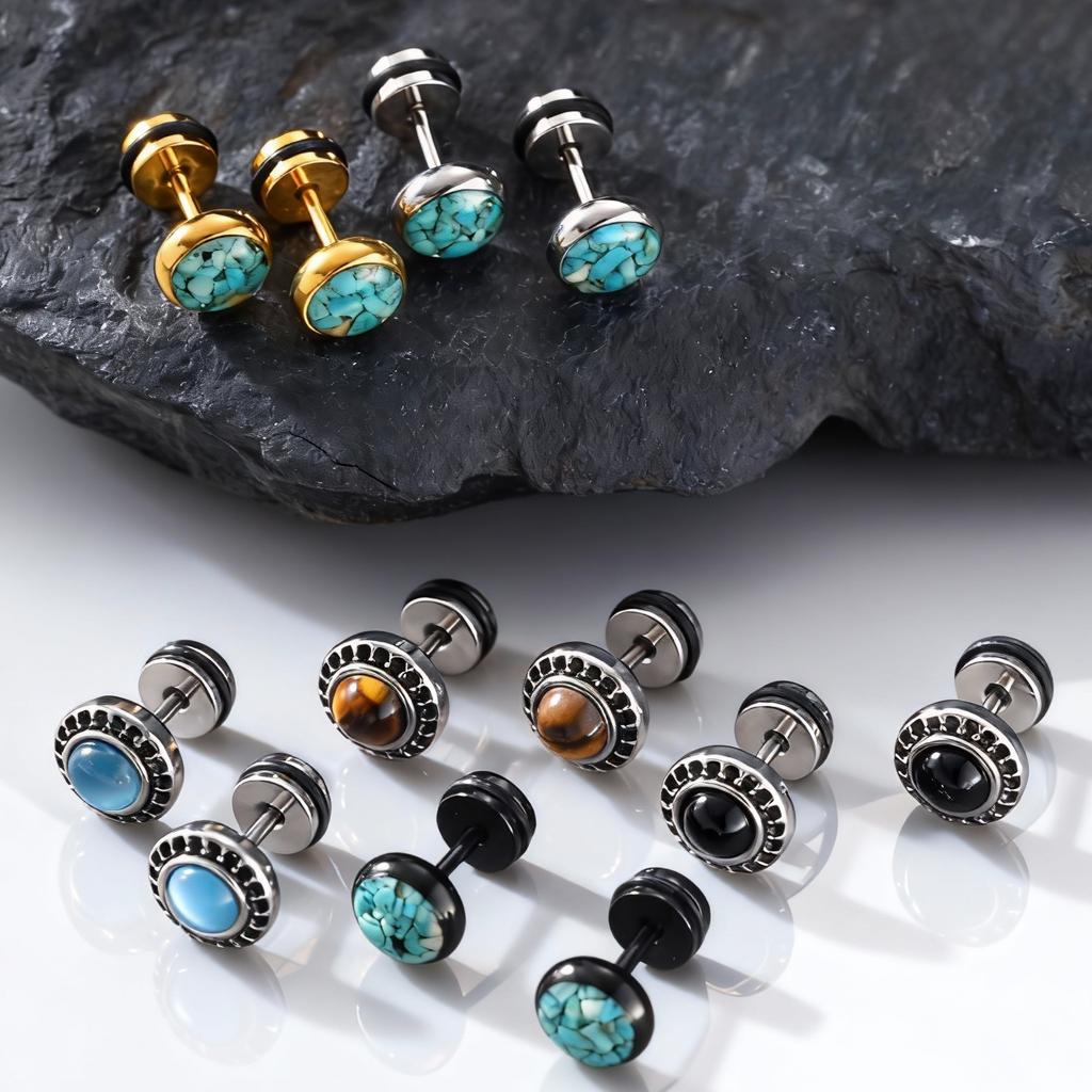 New Natural Stone Men's Small Round Stud Earrings,Simple Stainless Steel Metal Stud Earrings,Hip Hop Cool Jewelry Gift