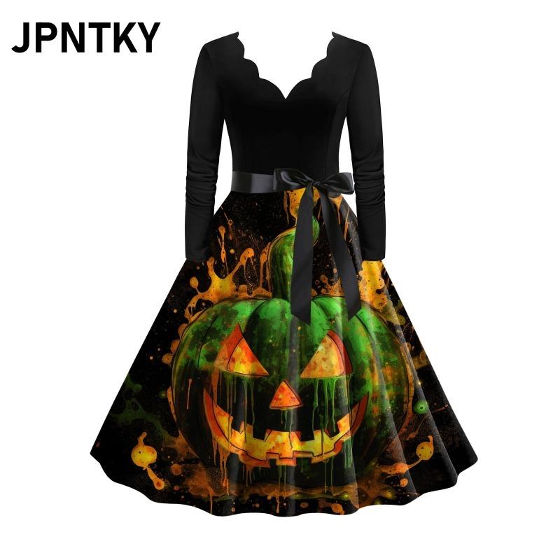 JPNTKY Fashion Spring Autumn Long Sleeve V-Neck Casual Dresses