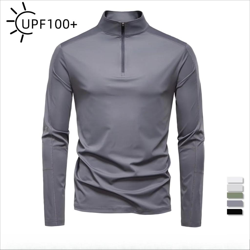 TrendHub Men's UPF100+ Sun Protection Long Sleeve Shirt Solid Color Zipper Outdoor Shirts Stand Collar Quick Dry T Shirts