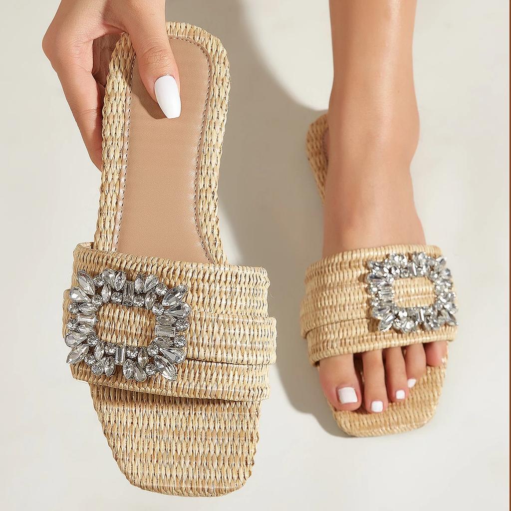 Mode 2025 Sommer Lässige Mode Quadratischer Stock Gestrickte Flache Absätze für Damen Hausschuhe Flacher Boden Kristall-Sandalen Strand-Pantoletten