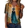 Women's Casual Halloween Printed V-Neck Short Sleeve Button Front T-Shirt Top