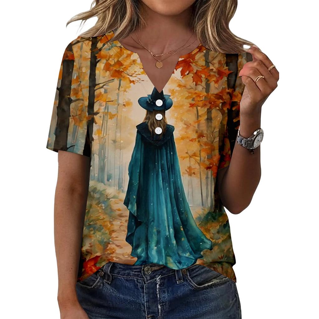 Women's Casual Halloween Printed V-Neck Short Sleeve Button Front T-Shirt Top