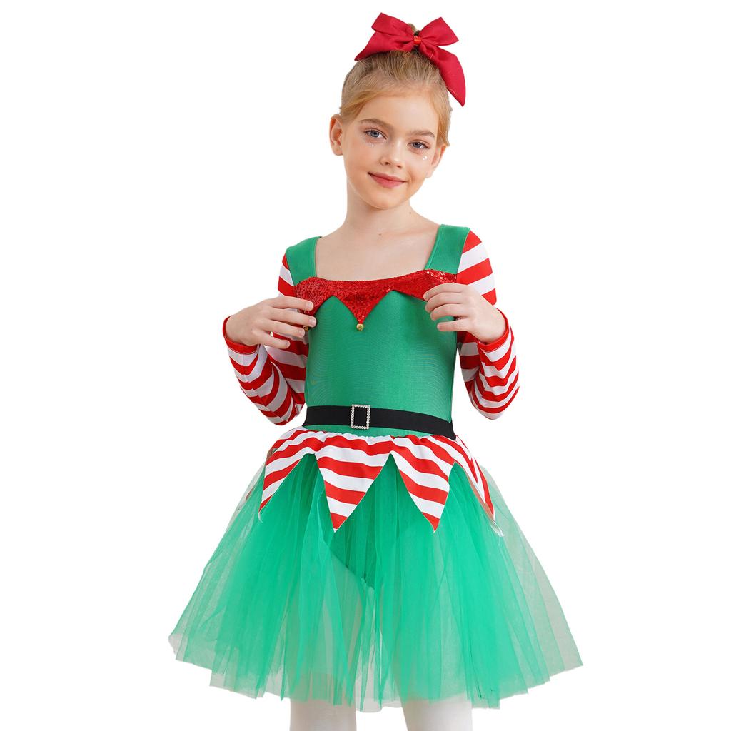 Girls Christmas Elf Costume Santa Little Helper Dress Striped Tutu Bodysuit Holiday Party Suit