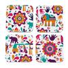 Set mit Geschenkbox, indisches Design, 4er-Set quadratische Untersetzer für den Tisch, 9,5 x 9,5 cm, Küchentisch, Holz-Dekorationsartikel für Tassen, Becher, Dosen, Gläser