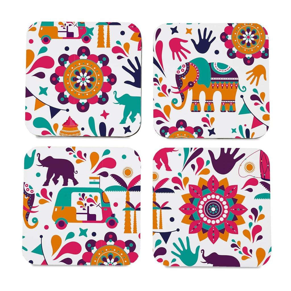 Set mit Geschenkbox, indisches Design, 4er-Set quadratische Untersetzer für den Tisch, 9,5 x 9,5 cm, Küchentisch, Holz-Dekorationsartikel für Tassen, Becher, Dosen, Gläser