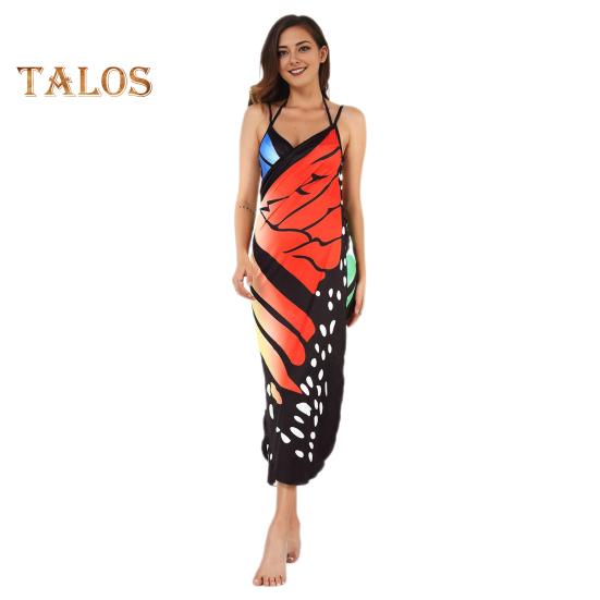 

Пляжное платье-накидка без рукавов с принтом бабочек, красочный узор, тонкие бретельки, накидка на бикини на Хэллоуин, купальник, накидка S красный