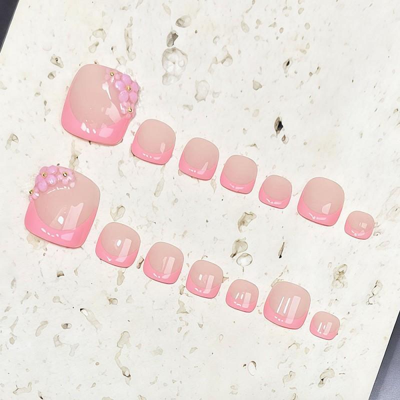 Handmade Press-On Toe Nails Short Style Nude Pink French With 3D Floral Design Sweet Ins Aesthetic Women