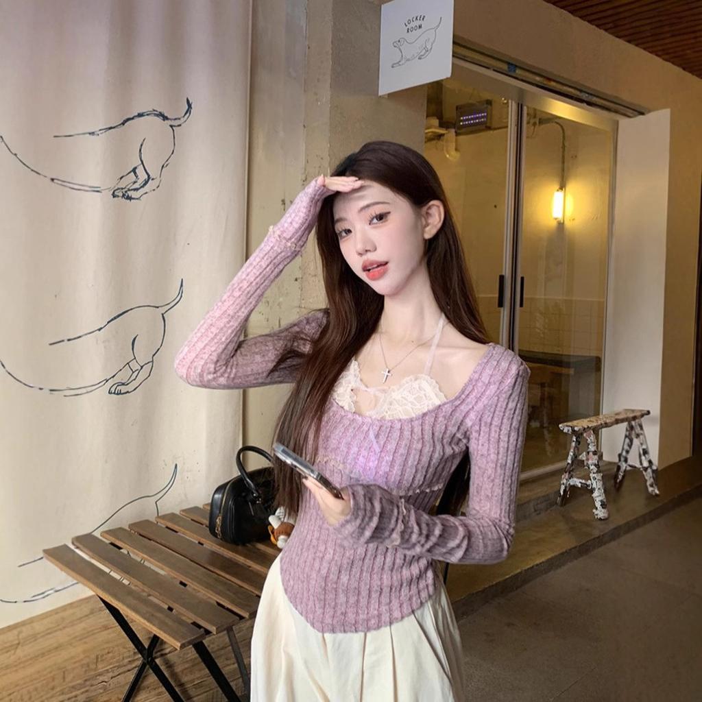 Pure Lace Splicing Neck T-shirt Women's Clothing Autumn and Winter New Korean Version Pullover Slim Short Sweet Spice Top