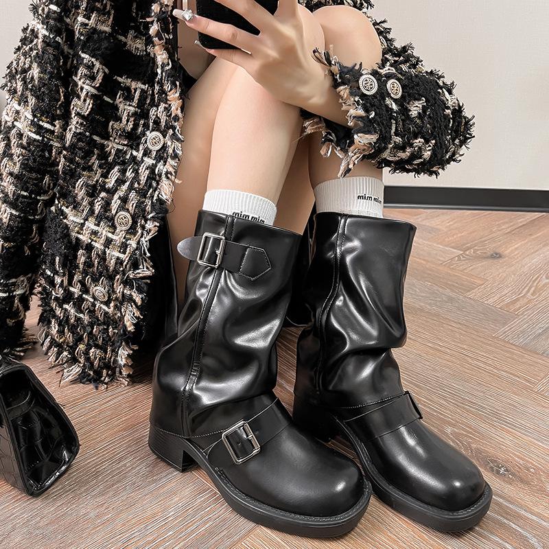 Women's Retro Buckle Mid-Calf Chunky Heel Boots: Round Toe, Wide Shaft, Ruched Ankle, Western Style for Autumn/Winter