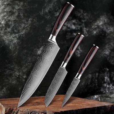 Conjunto de facas de chef japonês 3 peças, padrão de aço damasco, facas de cozinha, cutelo, aparas santoku, faca utilitária para corte
