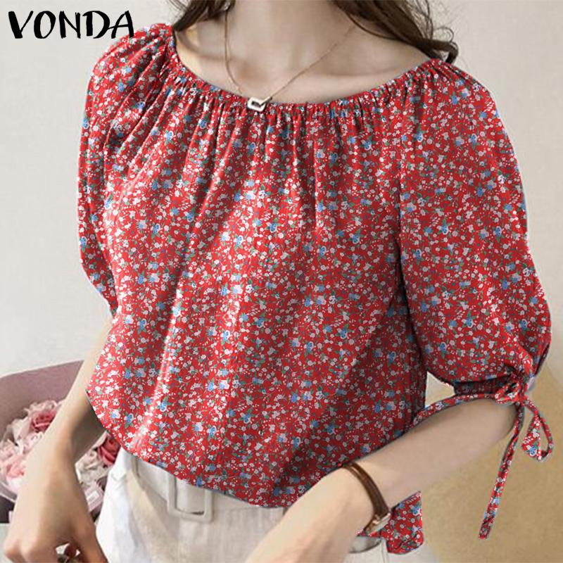 

VONDA Женская повседневная блузка с круглым вырезом и коротким рукавом с цветочным принтом M красный