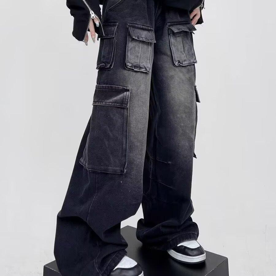 Neue High-Street-Jeans mit vielen Taschen, schwarz, Workwear, für Paare, lockere gerade Hosen, Herren- und Damenhosen