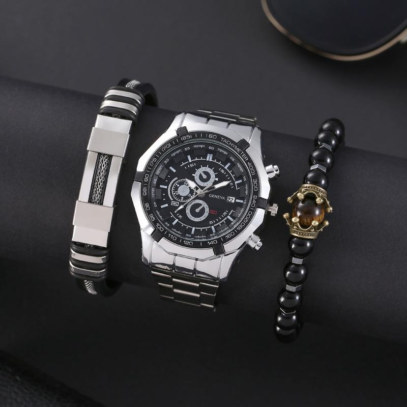 3pcs Set Men Steel Band Watch Luxury Sport Watches Fashion Business Quartz Wristwatch Dual Bracelet Set Relogio Masculino