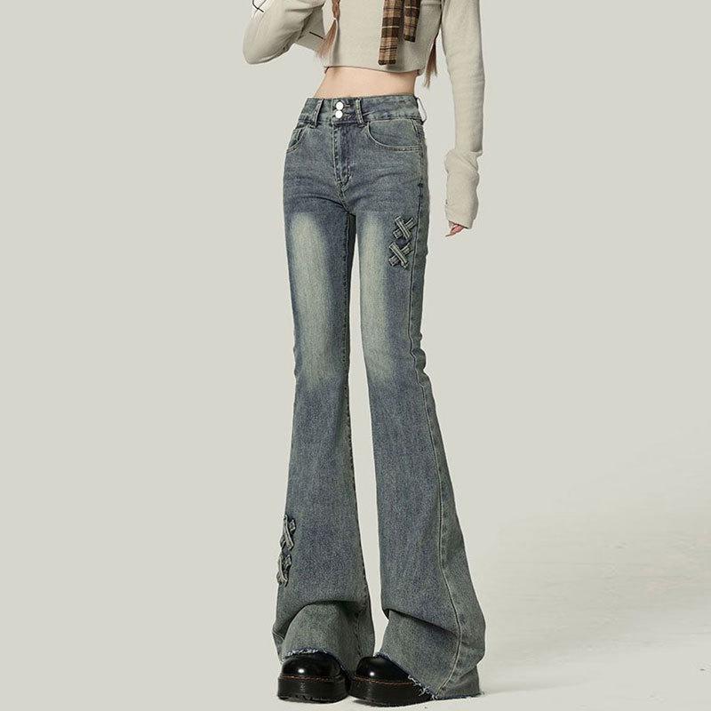 Plus-Size High-Waisted Slimming Flare Jeans with Double-Button Retro Design