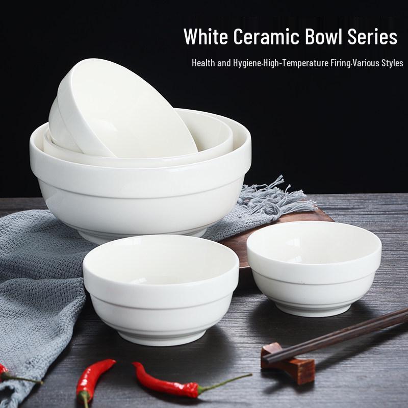 White Ceramic Edge Protection Bowls: 4.5/5/6 Inch Rice, Soup, and Congee Bowls for Household or Commercial Use