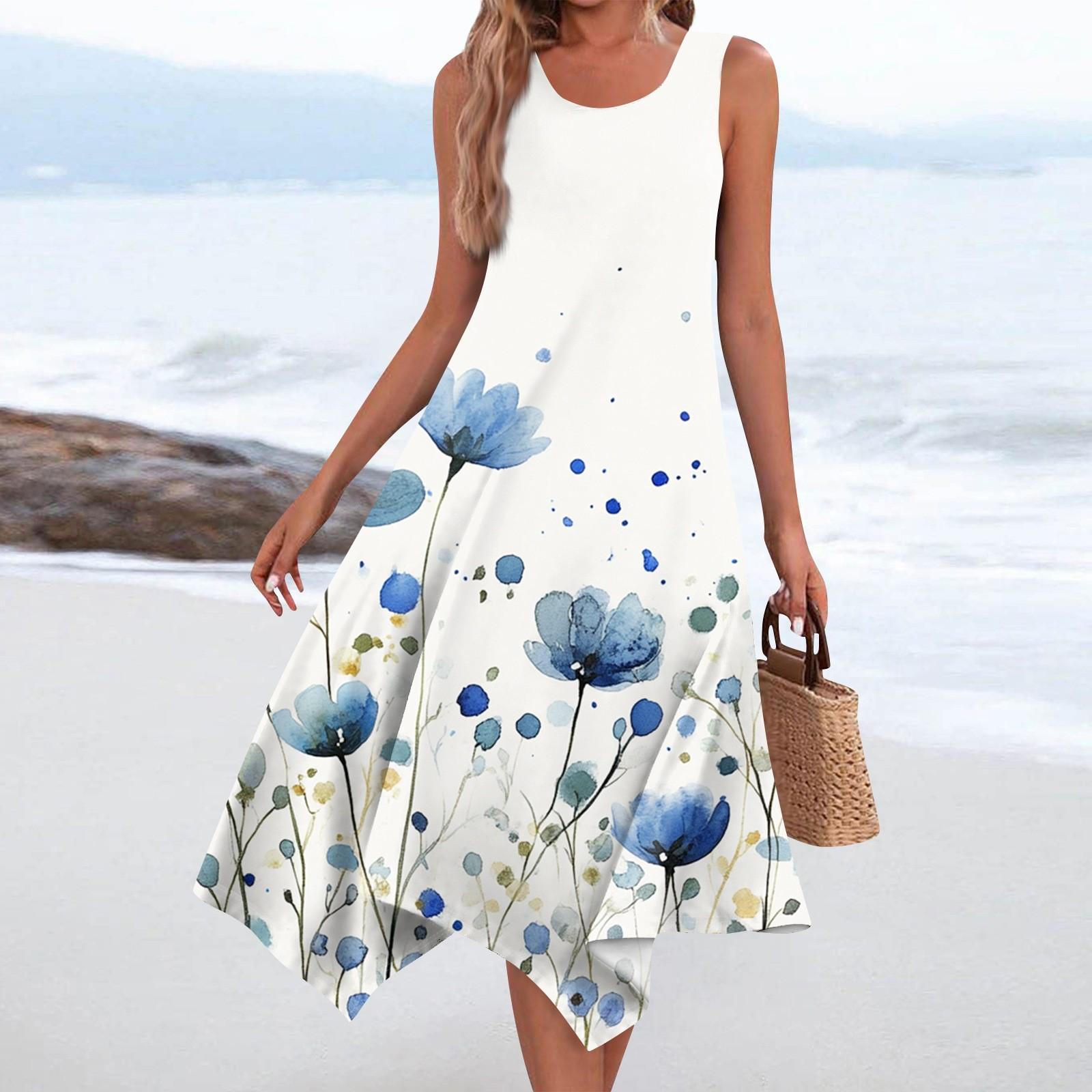 

Женское повседневное модное платье средней длины с круглым вырезом без рукавов с винтажным цветочным принтом и неровным подолом XL белый