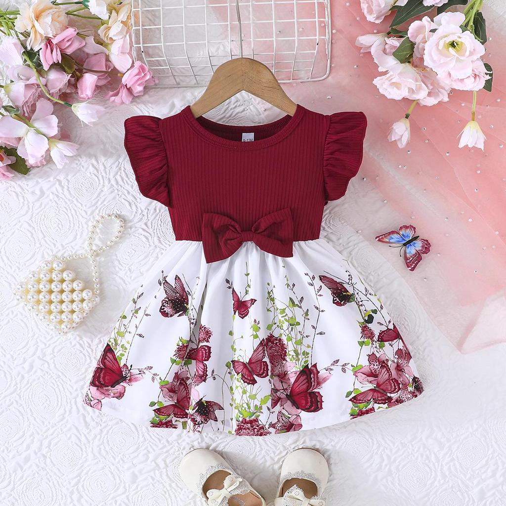 Infant Toddler Girl Floral Butterfly Dress, Ruffle Sleeve Bow Accent Dress, Casual Summer Outfit 6-36M