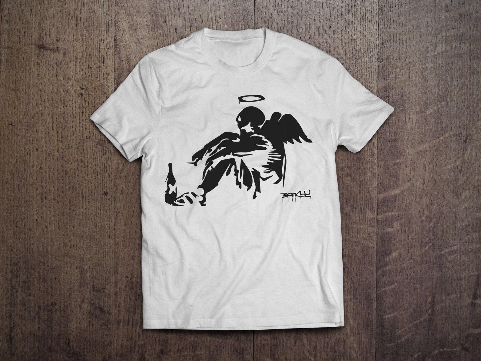 Banksy Drunk Angel Street Art / Heavyweight cotton unisex T shirt with print tee top 2XL