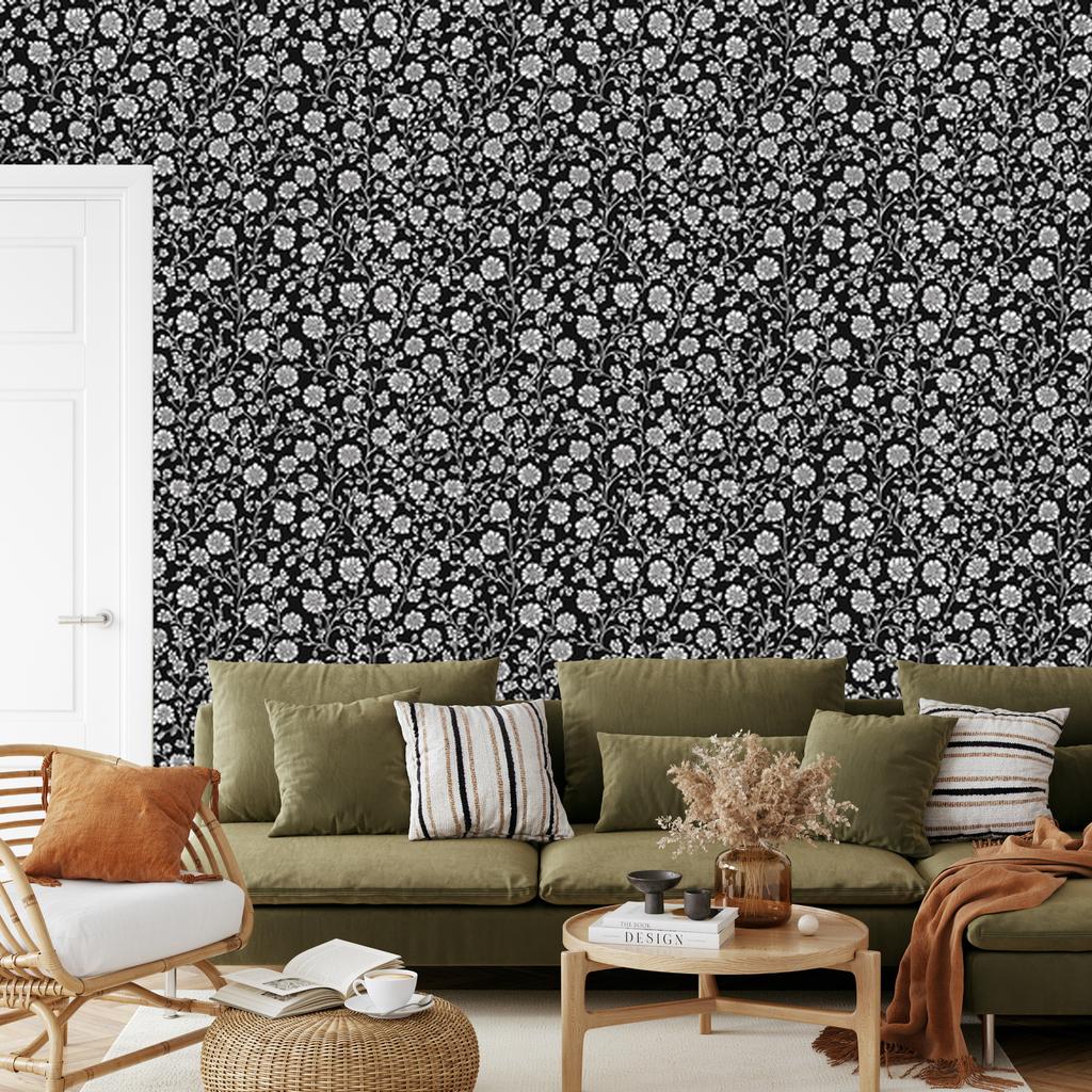 Wallpaper Black and White Flowers Graphite, Graphite Background 50x1000