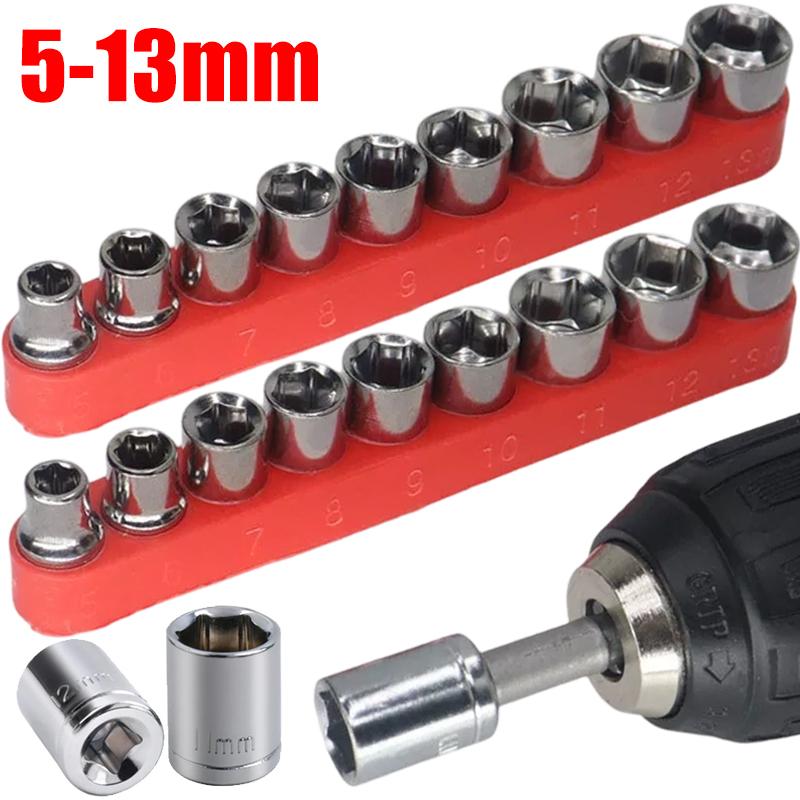 Hexagonal Socket Sleeve Conversion Head Kit 1/4-inch Metric Socket Spanners Nut Removal Wrench Tools 5/6/7/8/9/10/11/12/13mm