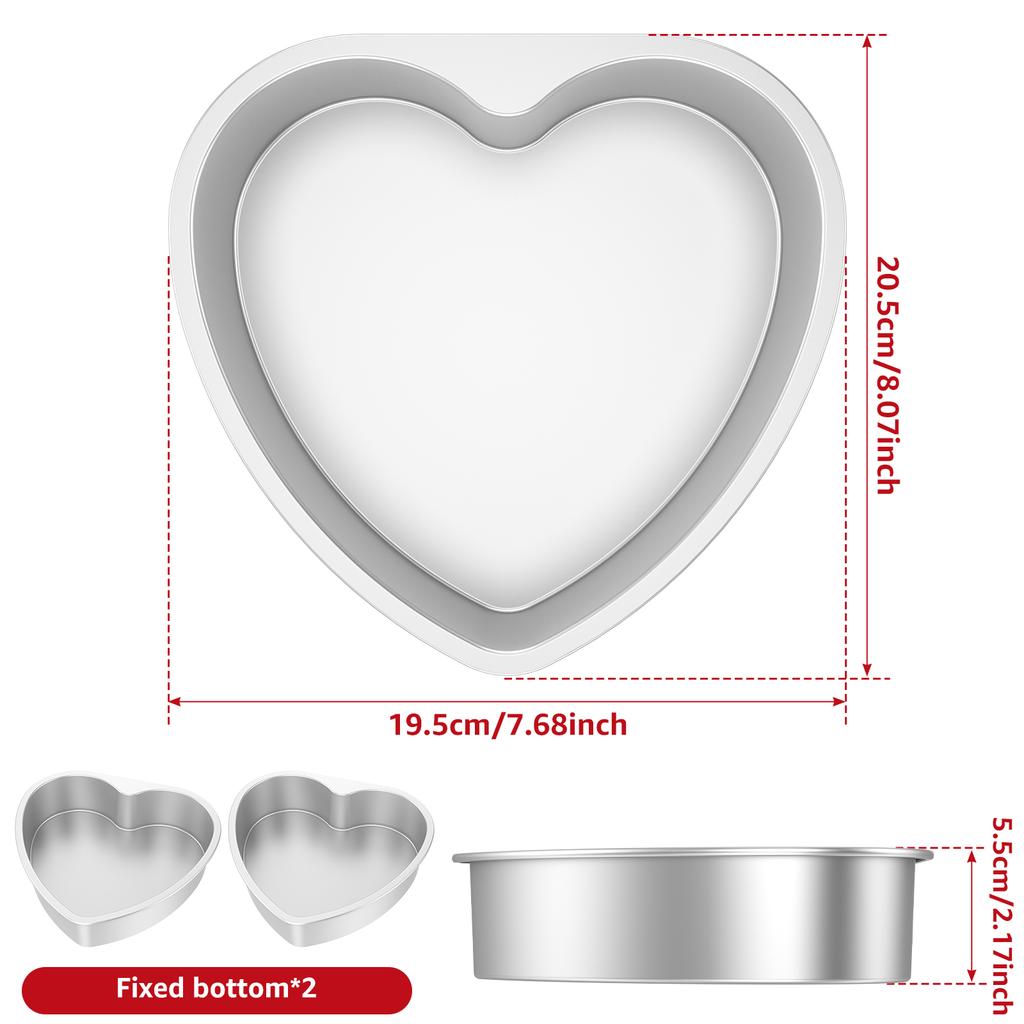 2Pcs 8 Inch Aluminum Heart Cake Bakeware Removable or Fixed Bottom Cake Die for Aluminum Alloy Baking Cake Mold Pan Nonstick