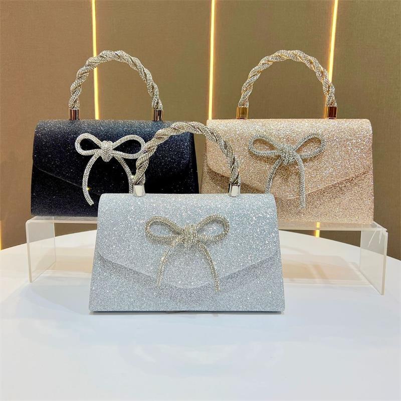 Fashion Rhinestone Bow Evening Bag Shoulder Bags Glitter Gold Silver Black Chain Crossbody Bag High-end Luxury Women Clutch Bags